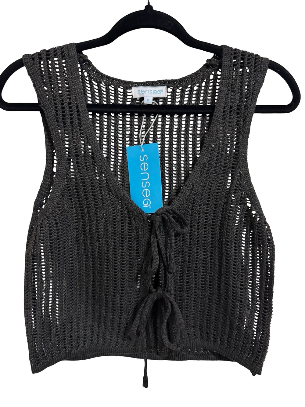 Black Knit Tie Front Crop Top